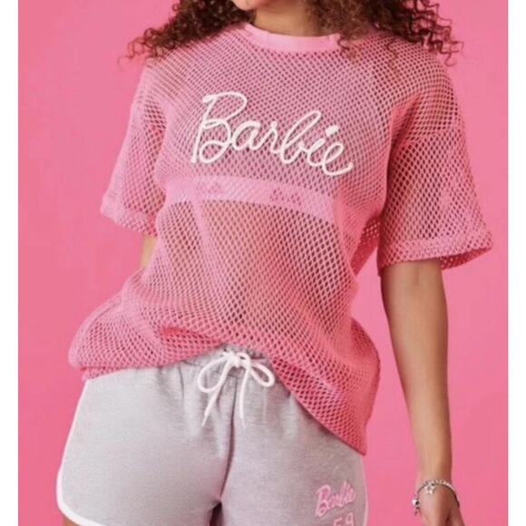 Forever21 Tops - Barbie x forever 21 Pink Net Shirt Top Swim Cover Up Sporty Barbiecore XL